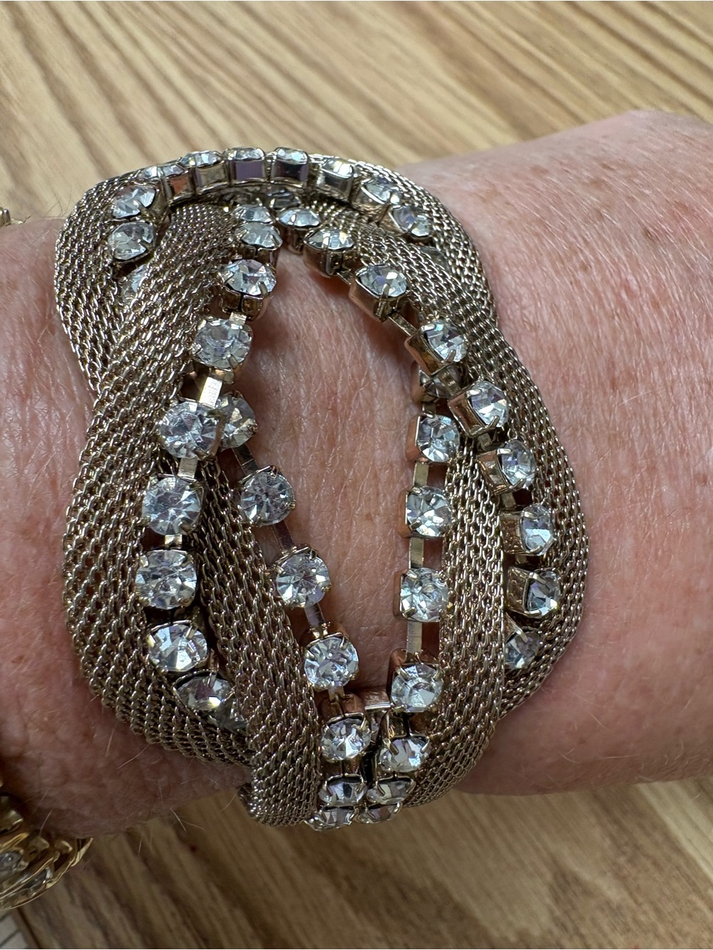 Gold-Tone Mesh Bracelet with Clear Crystal Accents